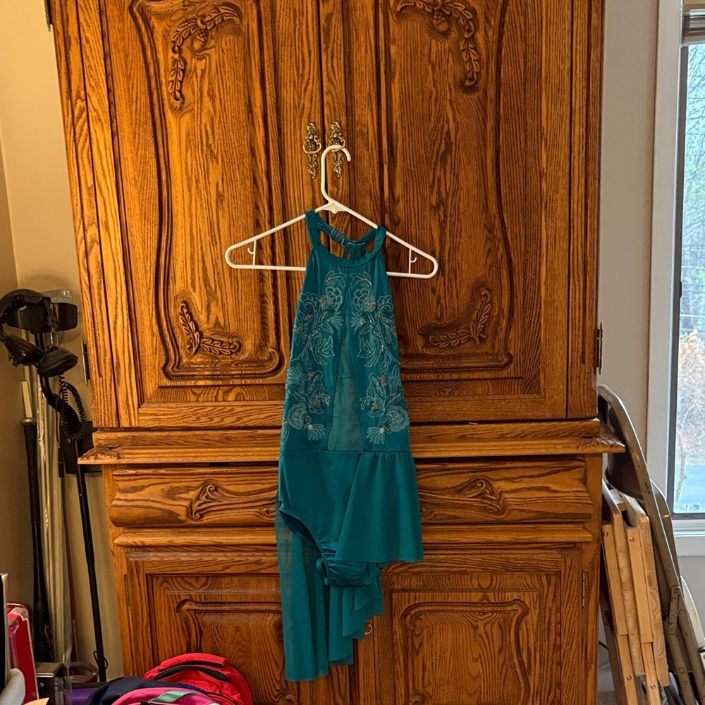 Teal Halter Dress with Floral Embroidery